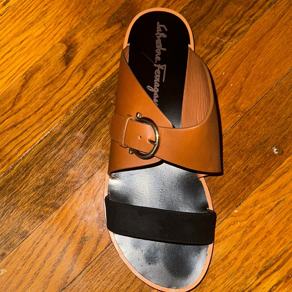 Salvatore Ferragamo Tan and Black Buckle Slides